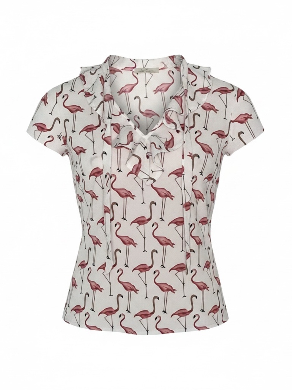 Tie-Neck Flamingo Print Blouse - Pink/White